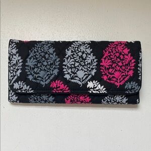 Vera Bradley Black Quilted Wallet with Pink & Gray Floral Medallions